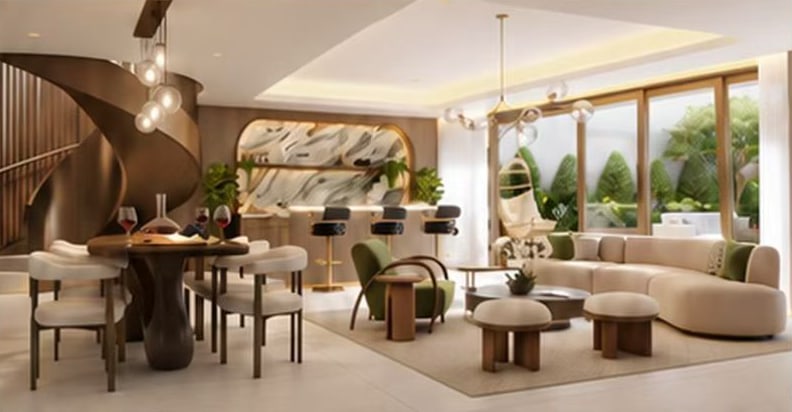 A co-working lounge visualization with tables, a bar and soft seating