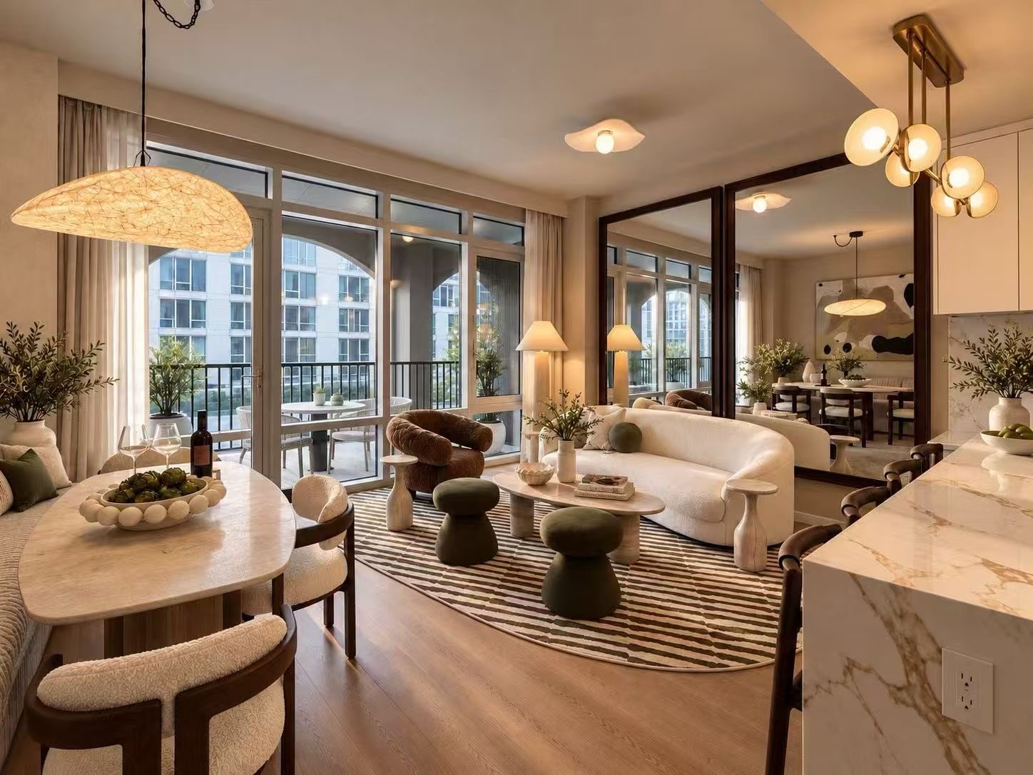 Warm, light-filled living and dining spaces opening onto a planted loggia