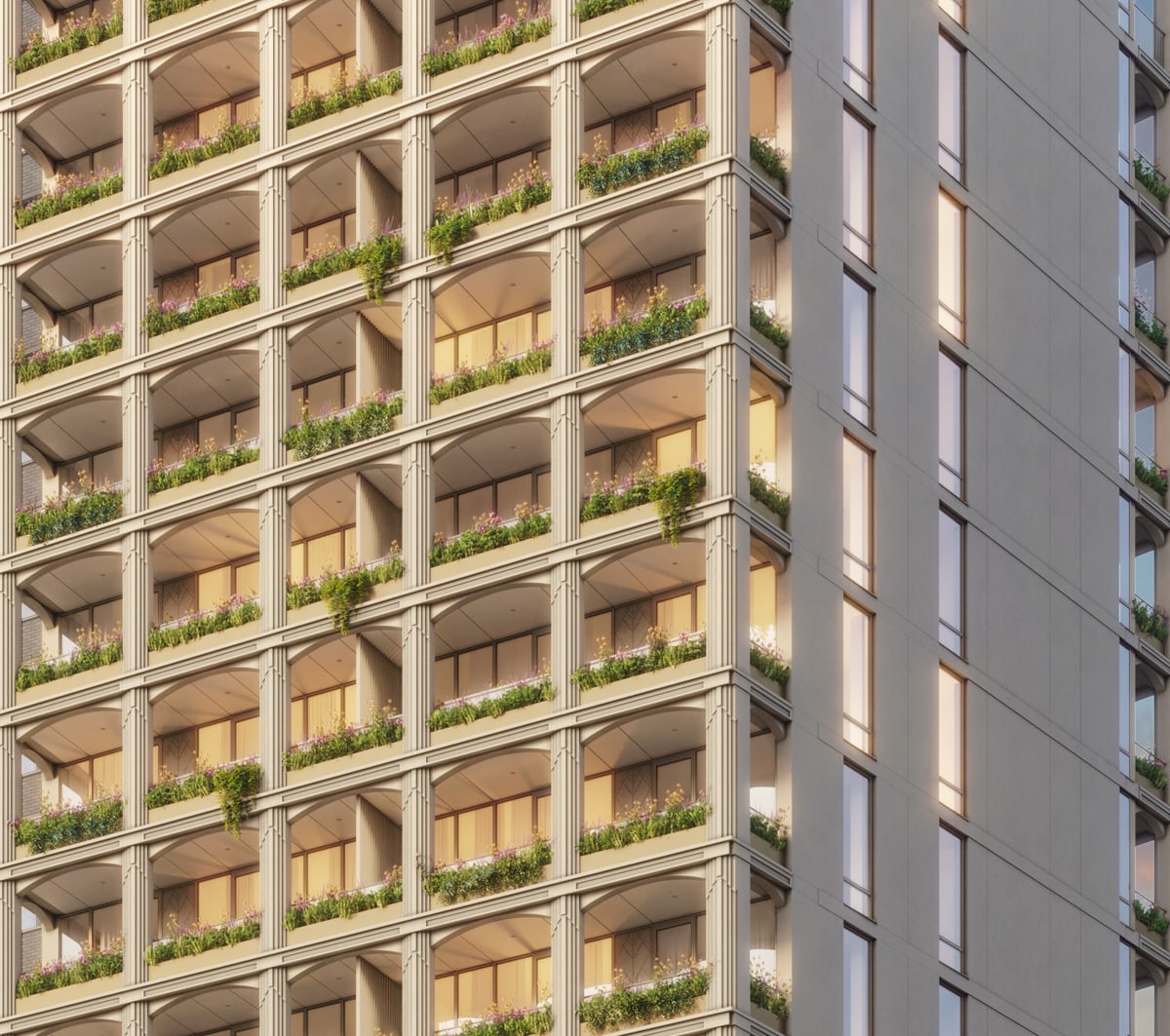 A close look at the tower's planted loggias and architectural columns