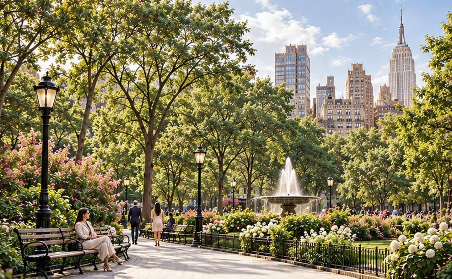 Tree-lined paths, benches and a fountain in a Madison Square Park illustration